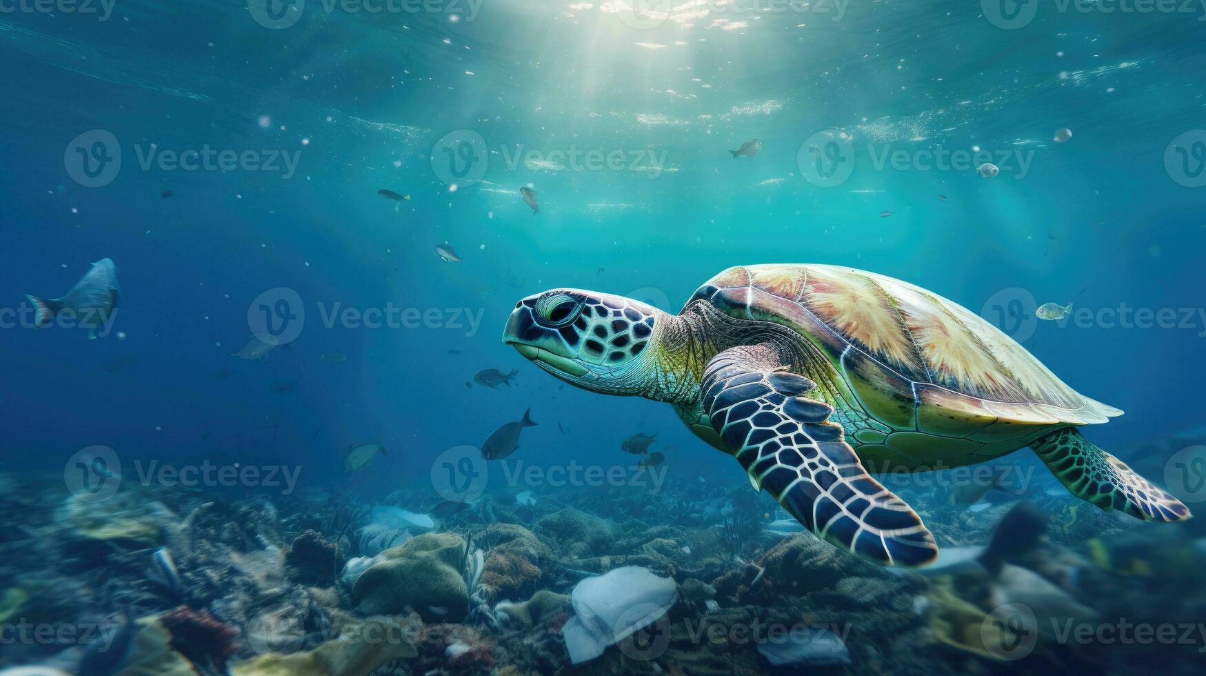 ai genererad hav sköldpadda glidande över hav säng strö med plast, en skarp påminnelse av marin föroreningar påverkan på vilda djur och växter. foto