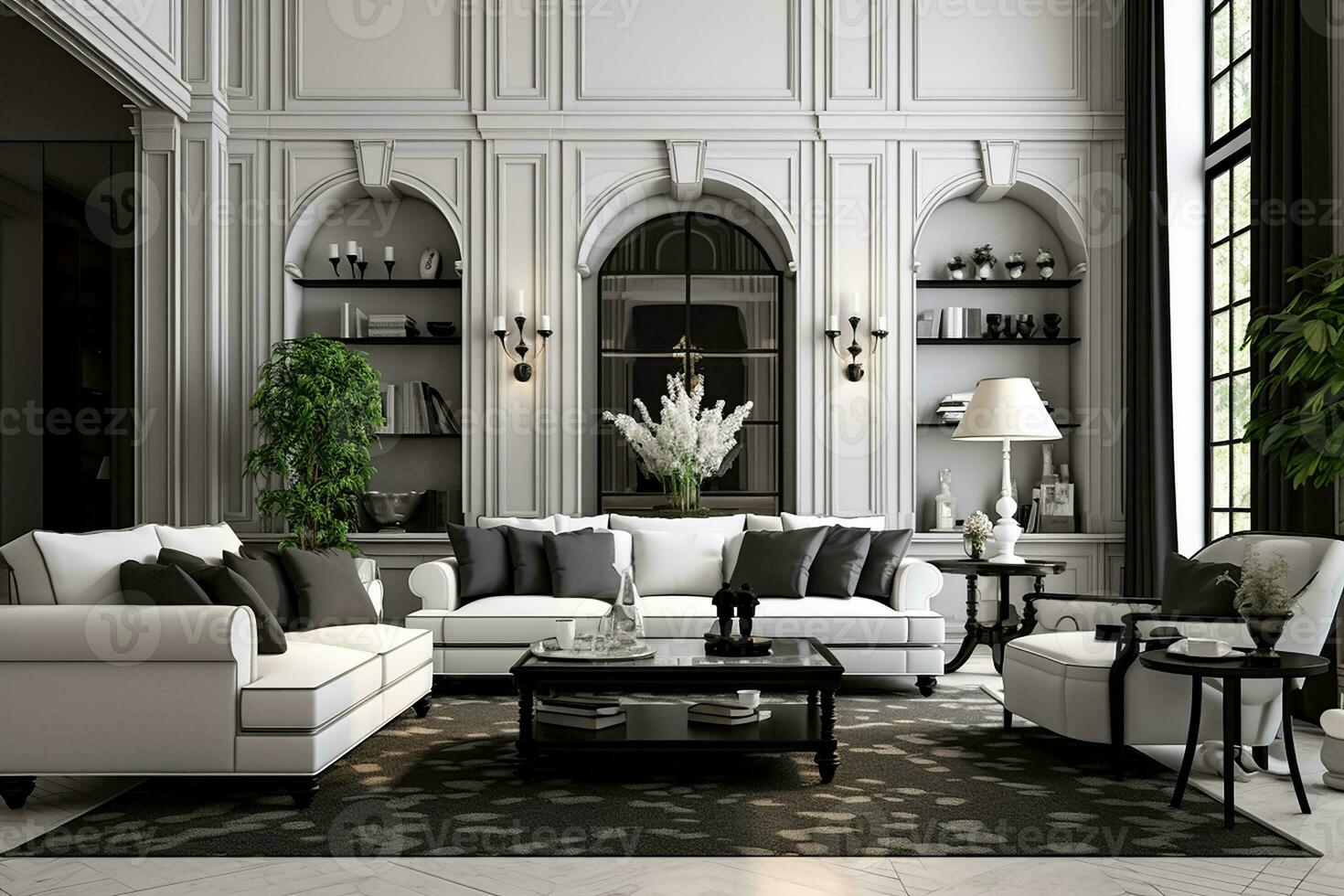 ai genererad 3d återges minimal stil modern levande rum interiör design med soffa foto