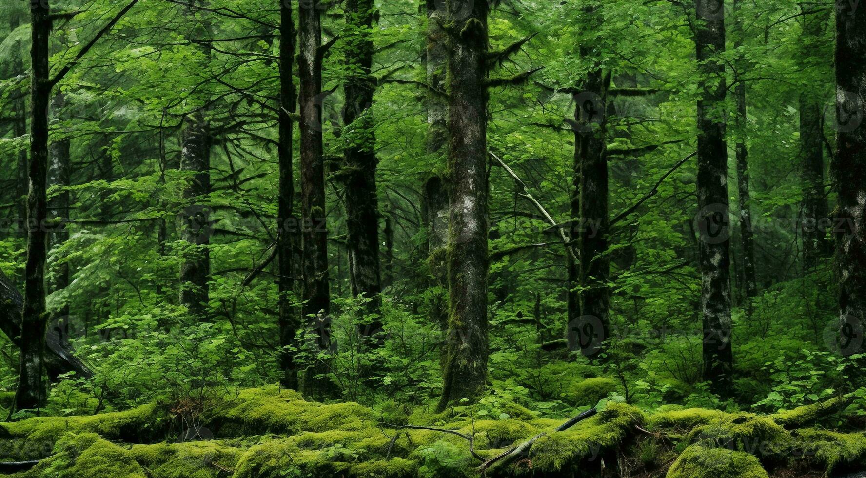 ai genererad skog i de morgon, skog i vår, träd i de skog, grön skog foto