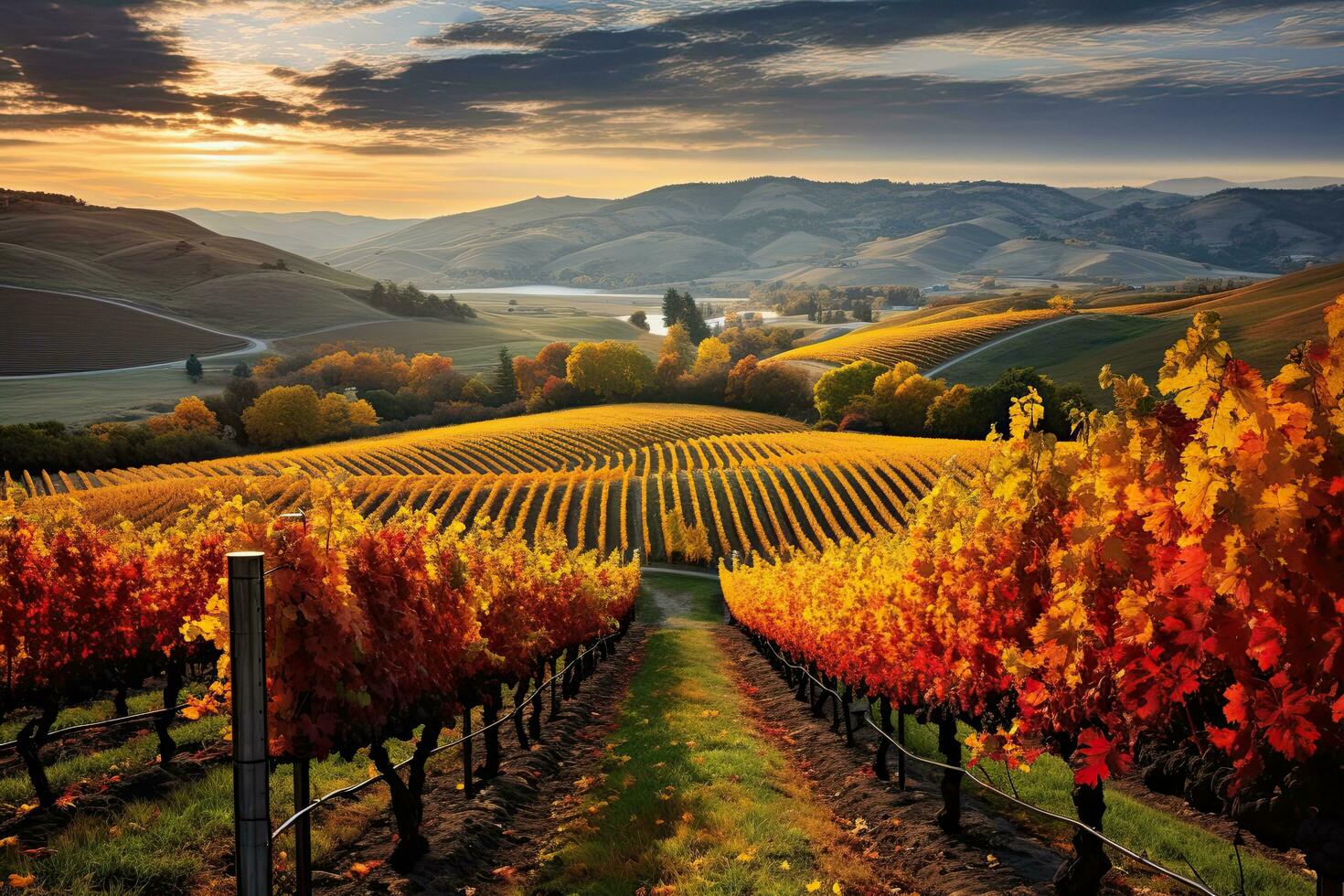 ai genererad vingårdar i höst färger på solnedgång. Toscana, Italien, ai genererad foto