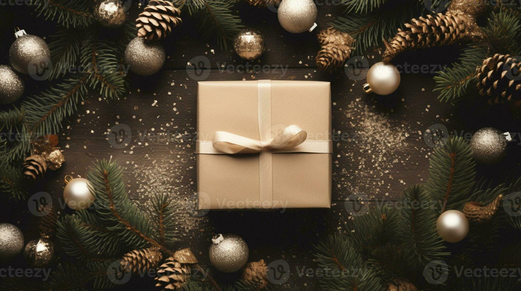 ai genererad jul högtider sammansättning av gran träd grenar med grannlåt och gåvor kopia Plats foto