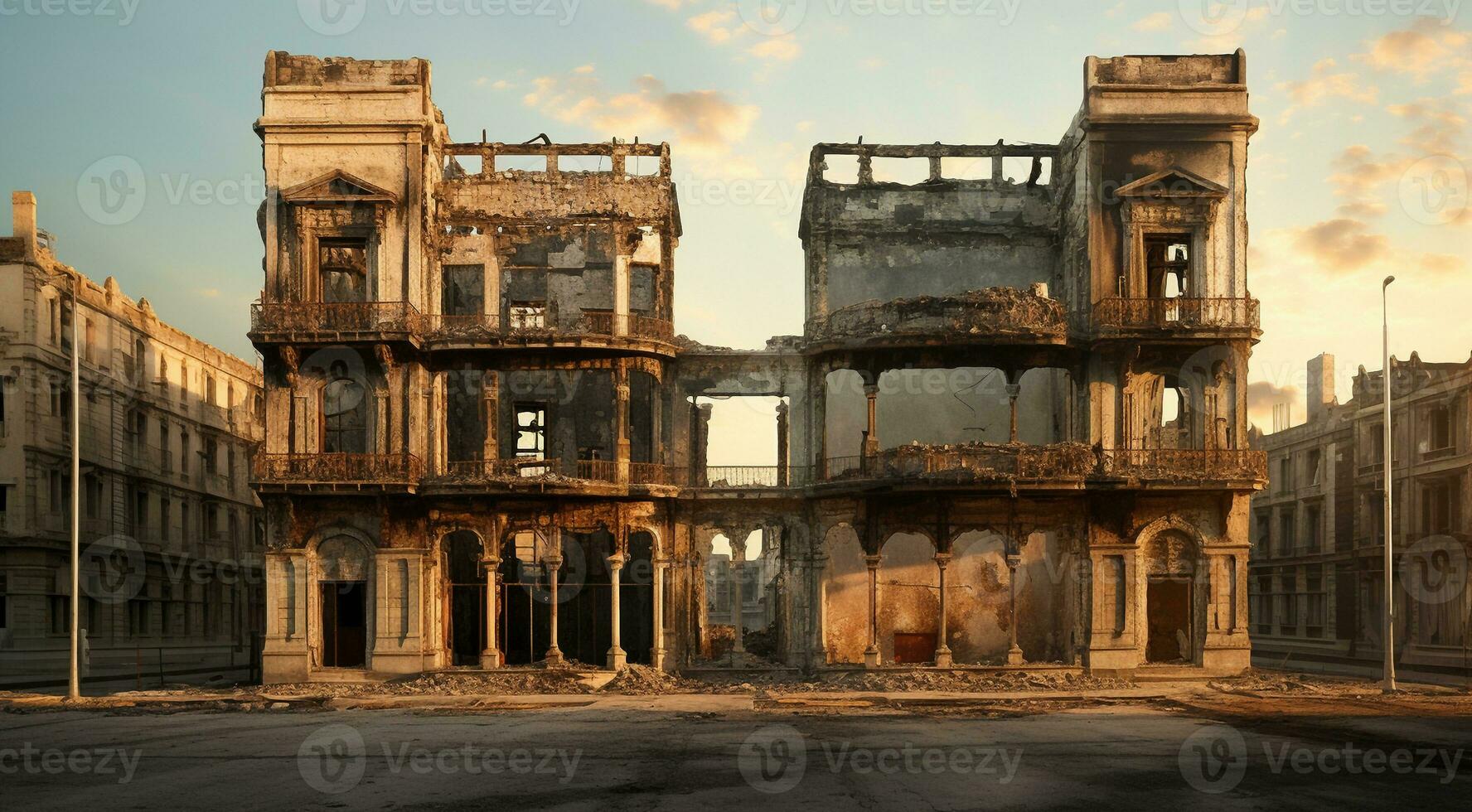 ai genererad brinnande byggnader efter de krig, krig scen, flammande hus foto