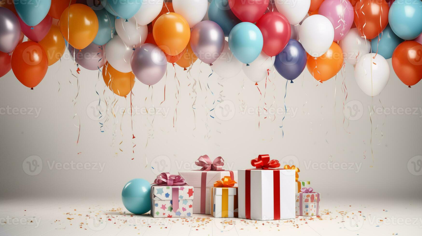 ai genererad födelsedag ballonger och gåvor på en vit bakgrund foto