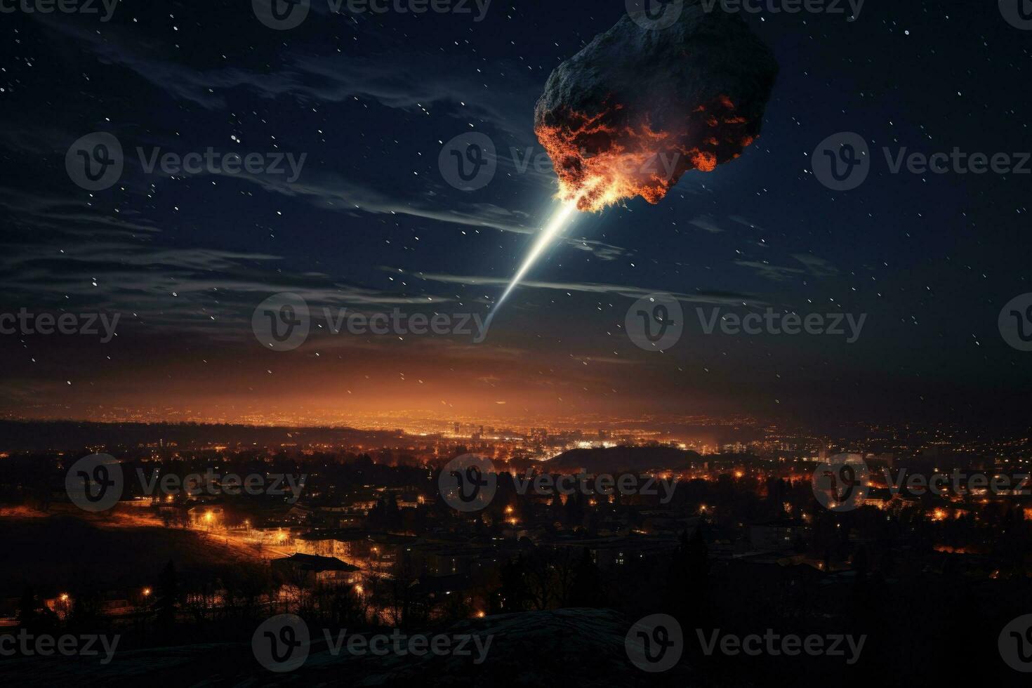ai genererad faller meteorit över natt stad foto