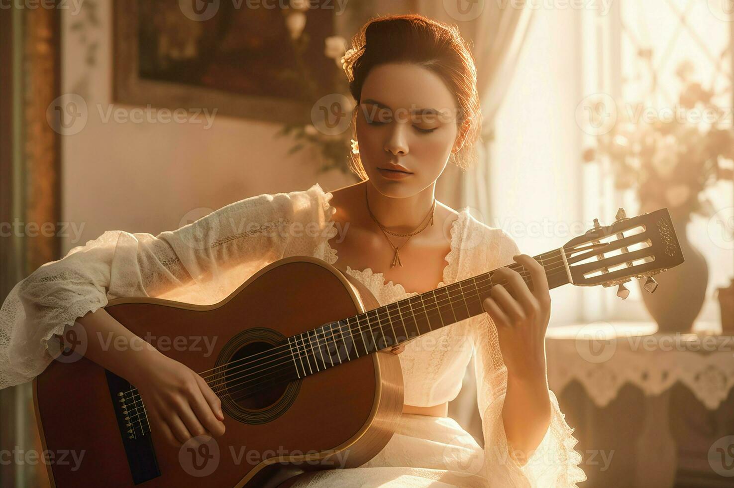 kvinna i elegant vit klänning spelar på akustisk gitarr på Hem. generera ai foto