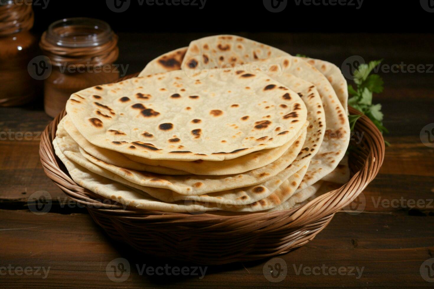 ai genererad chapati på trä- bakgrund, representerar äkta indisk traditionell kök foto