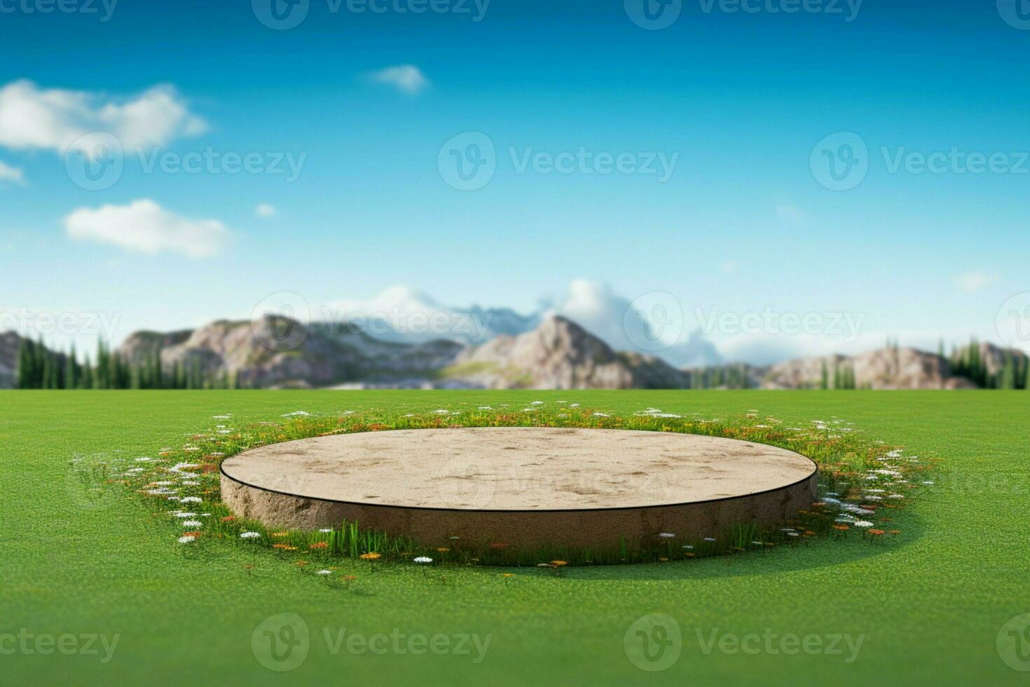 ai genererad cirkulär podium återges på en lugn äng jord jord foto