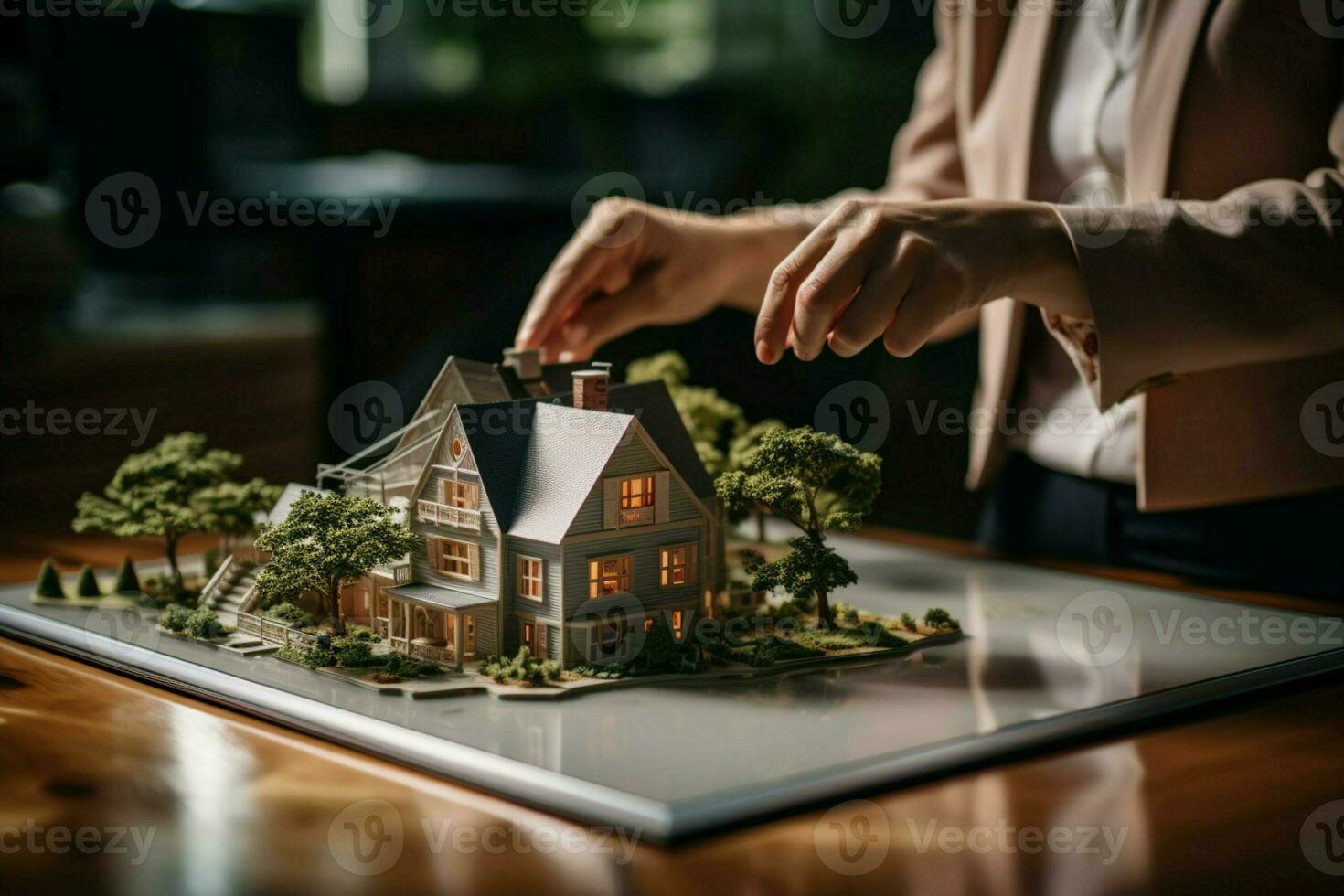 ai genererad modell hus egenskaper miniatyr- representationer visa upp verklig egendom offer ai genererad foto
