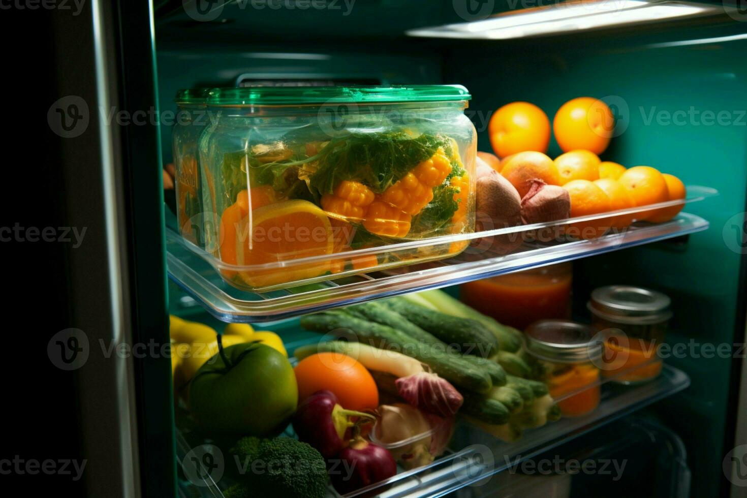 ai genererad färsk från de kylskåp tar ut en mat behållare för en utsökt behandla ai genererad foto