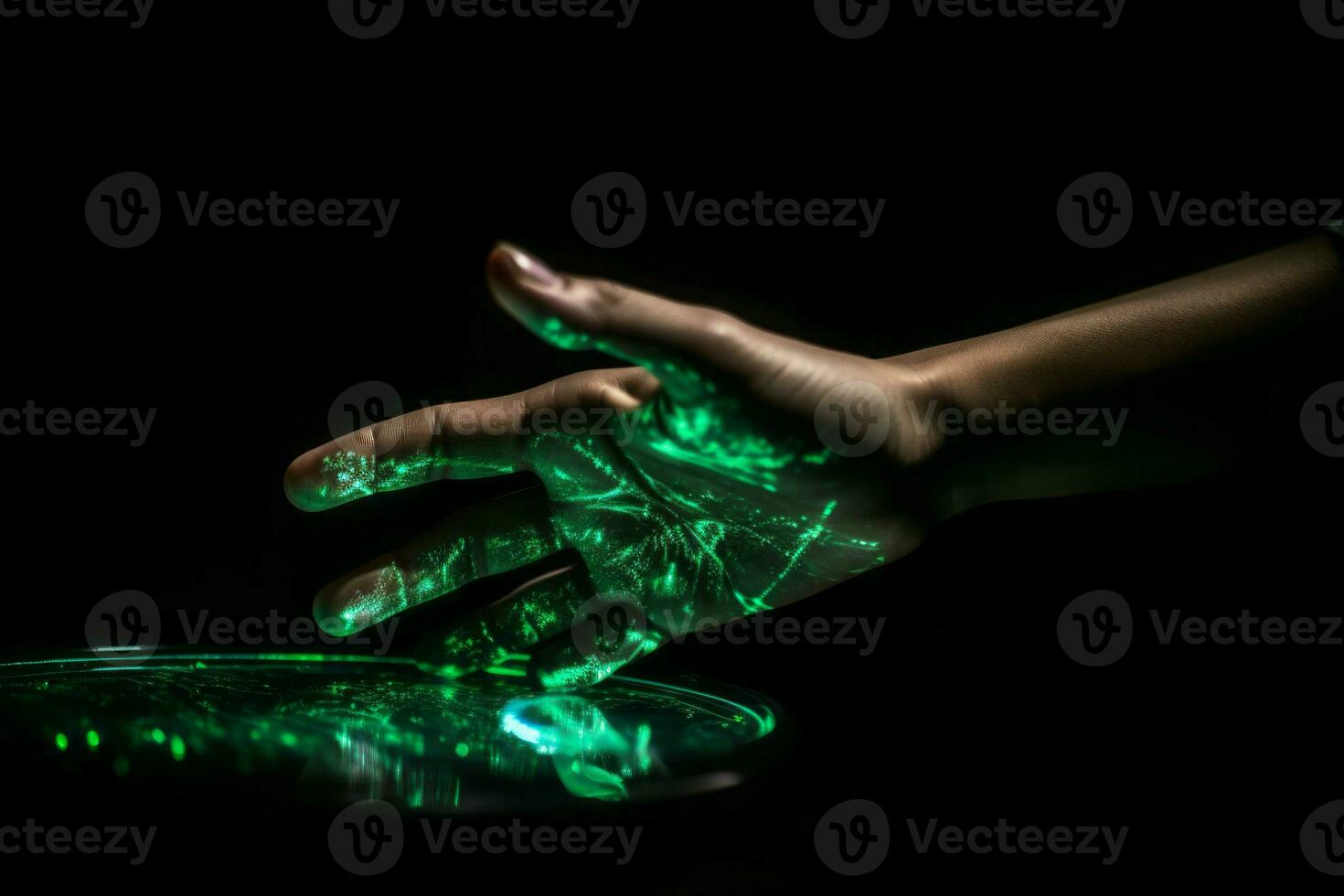 ai genererad grön hologram av mänsklig hand på mörk bakgrund. generera ai foto