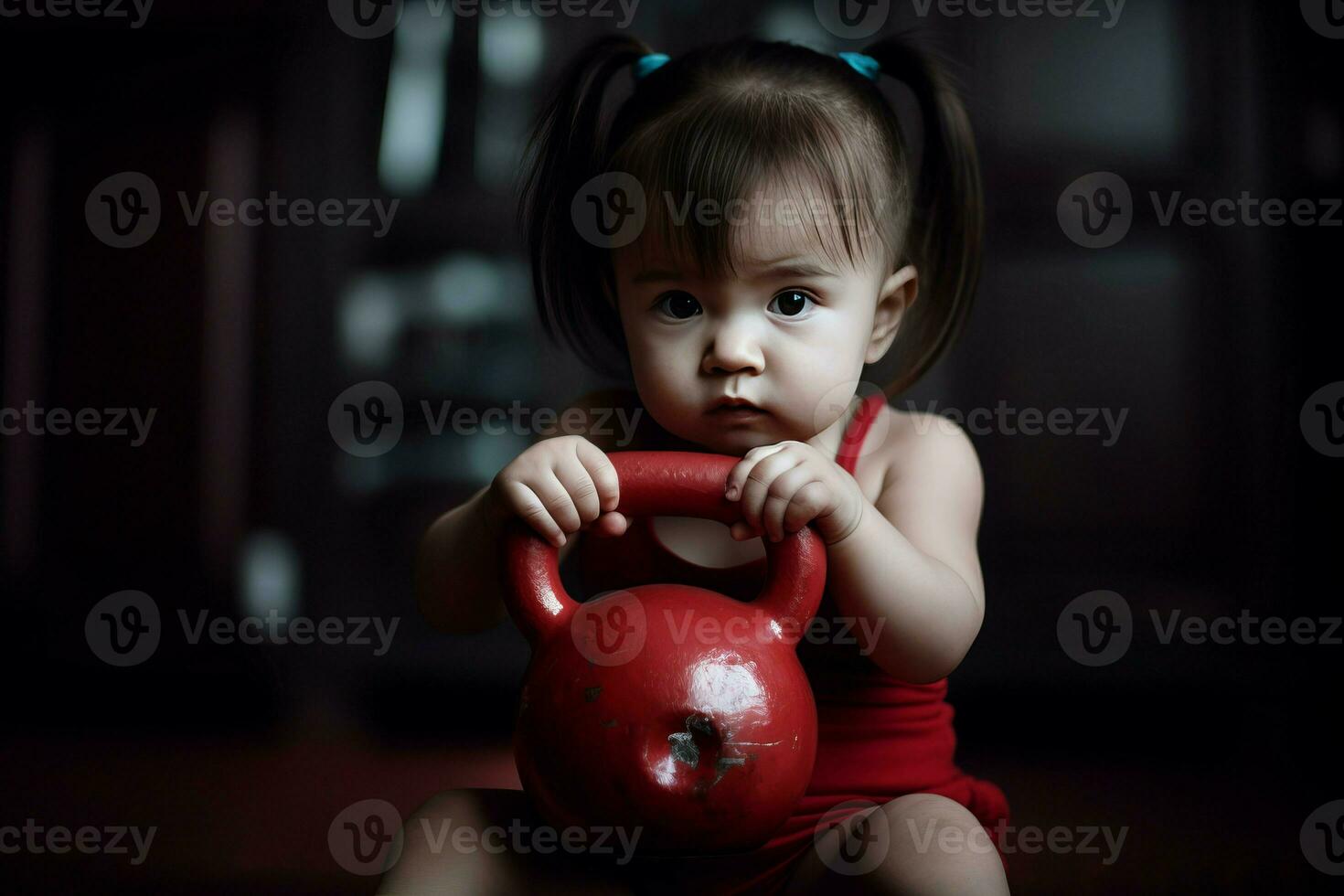 ai genererad litet barn flicka Framställ med Gym vikt. generera ai foto