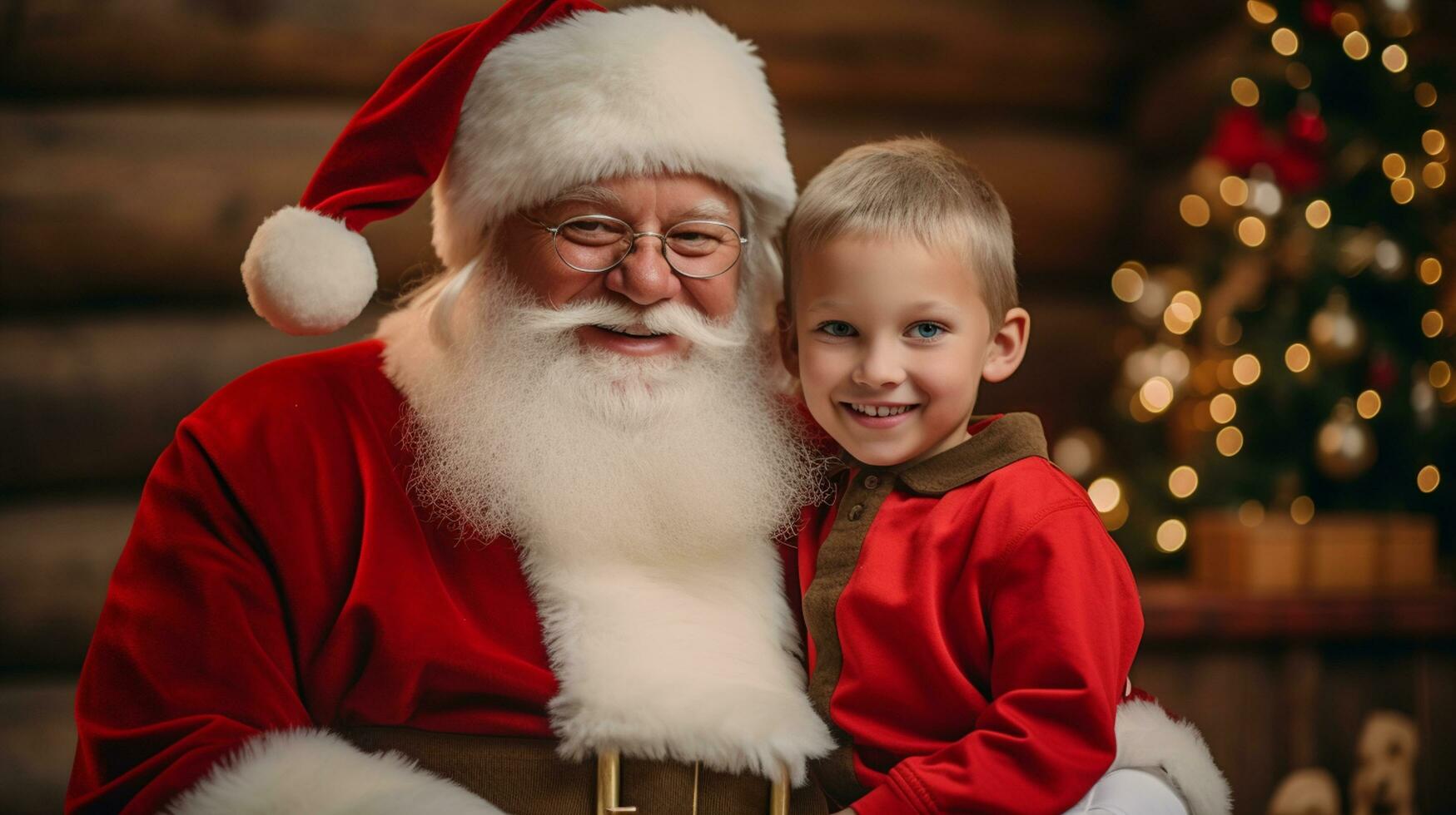 ai genererad Lycklig unge träffa santa claus på jul foto