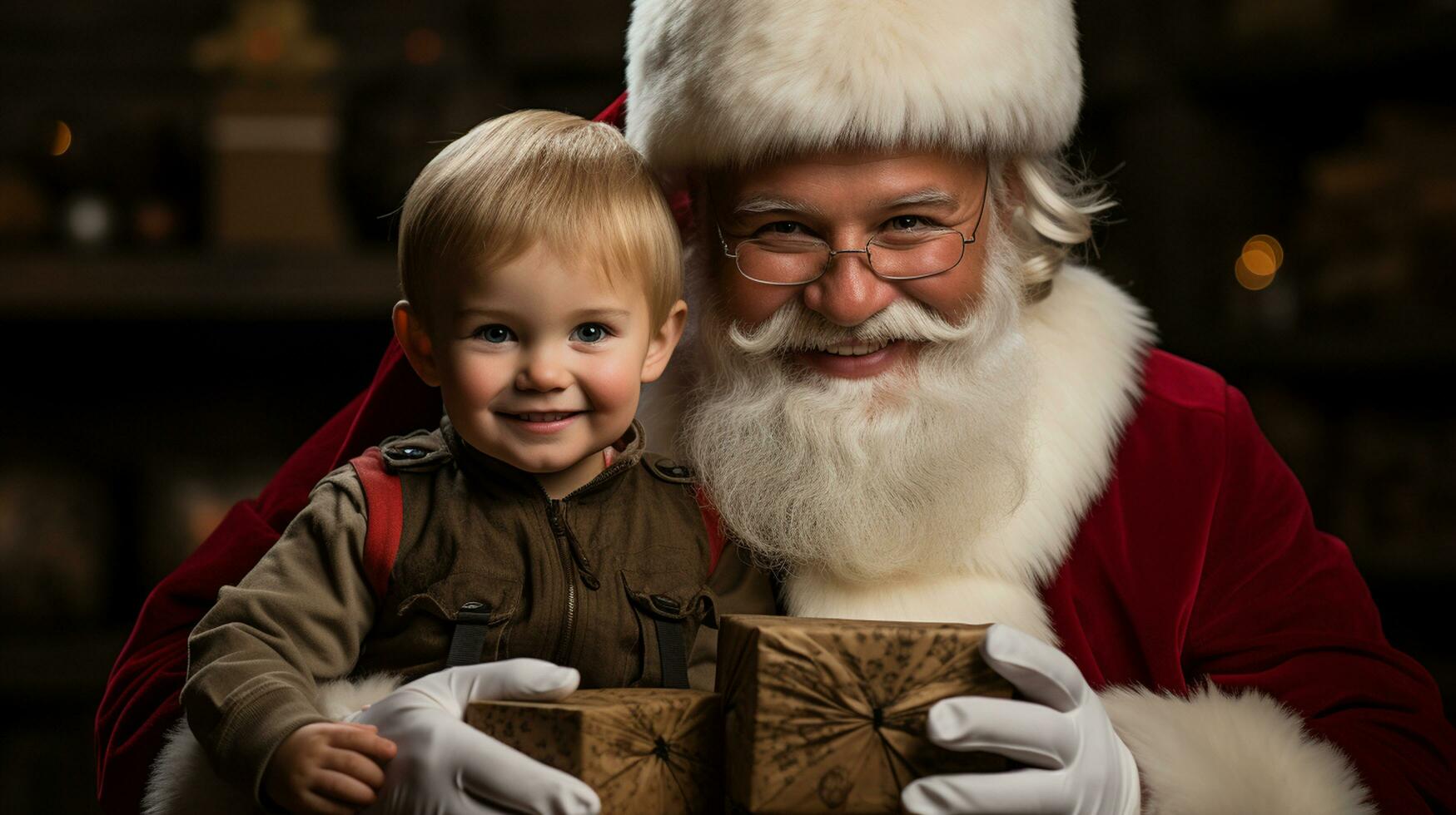 ai genererad Lycklig unge träffa santa claus på jul foto