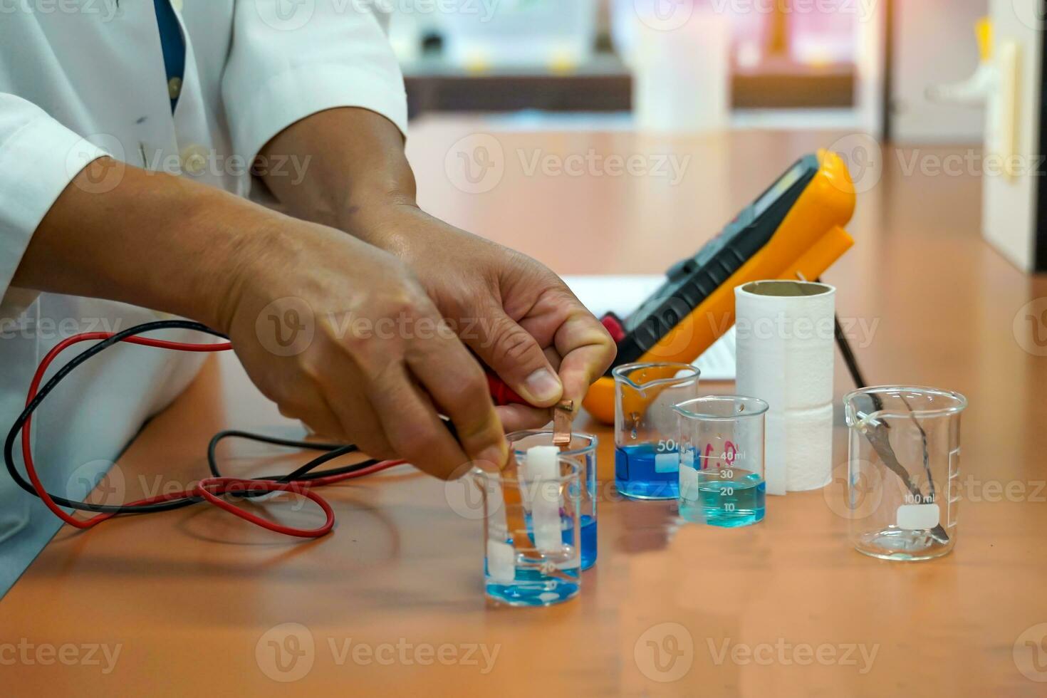 lärare mäta elektrisk nuvarande förbi experimentera med skapande en galvanisk cell, som är ett elektrokemisk cell den där användningar en kemisk reaktion till producera ett elektrisk nuvarande. foto