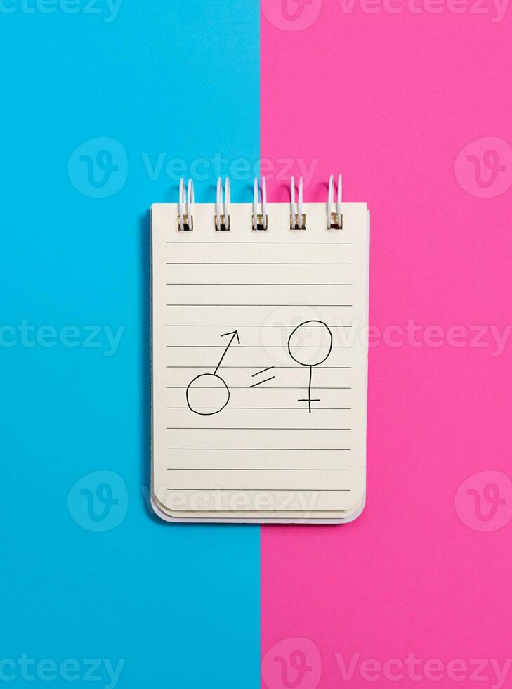 de begrepp av kön jämlikhet. en anteckningsbok med dragen kvinna och manlig symboler på en blå-rosa bakgrund. jämlikhet av rättigheter mellan män och kvinnor. foto