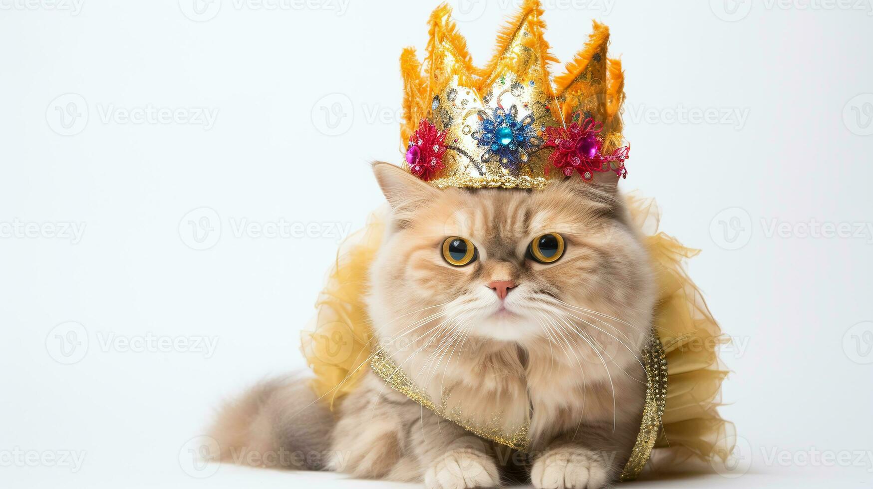 ai genererad baner kunglig katt i krona persisk katt Utsmyckad med en glittrande gyllene krona och elegant gul krås, perfekt för royalty-tema sällskapsdjur porträtt foto