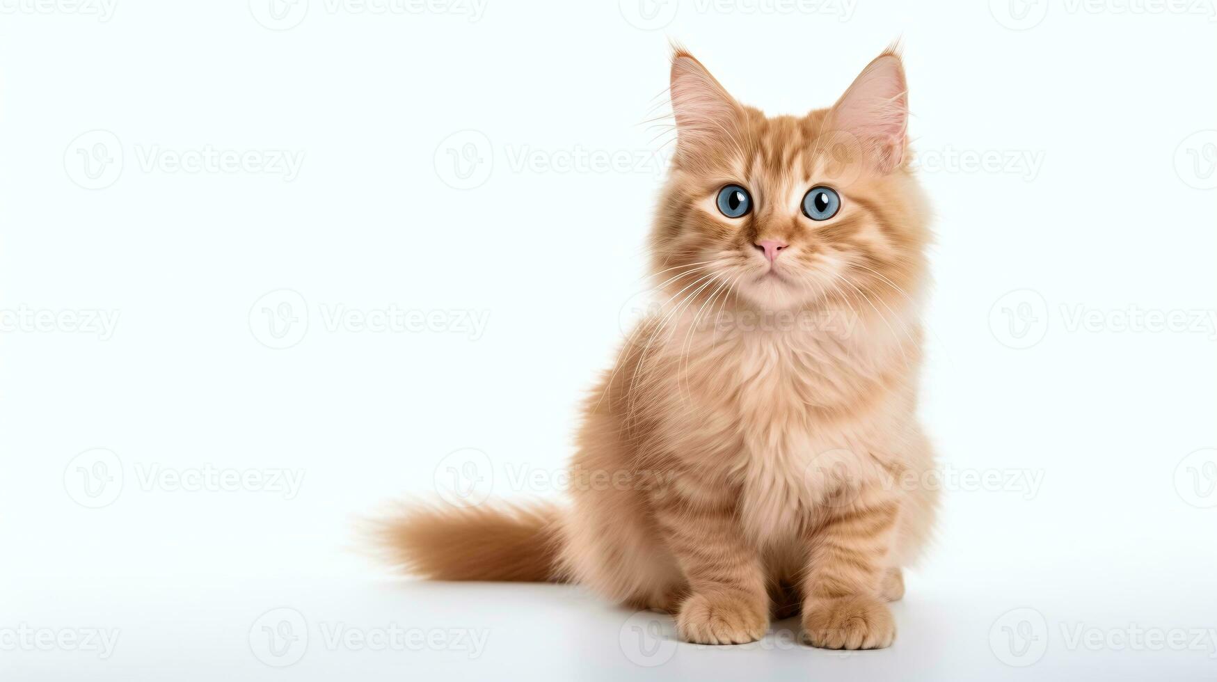 ai genererad söt varna maine Coon kattunge med mjuk orange päls och genomträngande blå ögon på en vit yta, lämpad för sällskapsdjur adoption och kattunge vård tjänster foto
