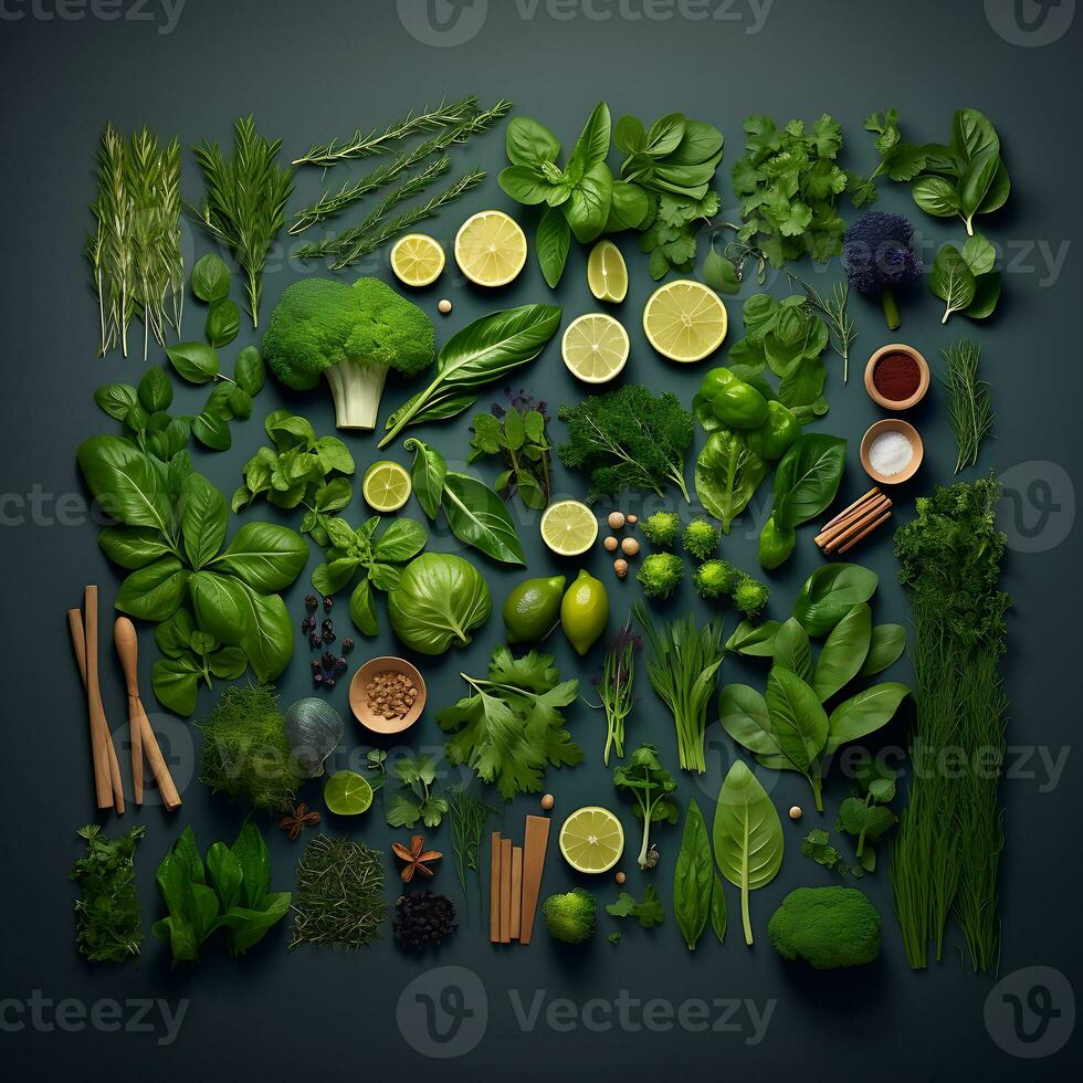 grön bakgrund av frukt grönsaker och örter. leva bakgrund för fotografi foto