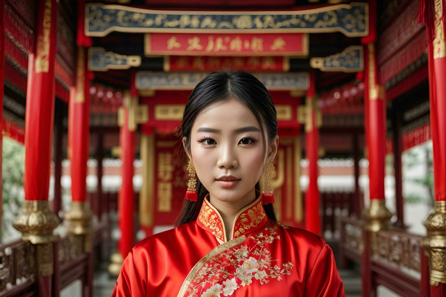 ai genererad asiatisk ung kvinna modell mode röd kinesisk klänning i de Kina helgedom foto