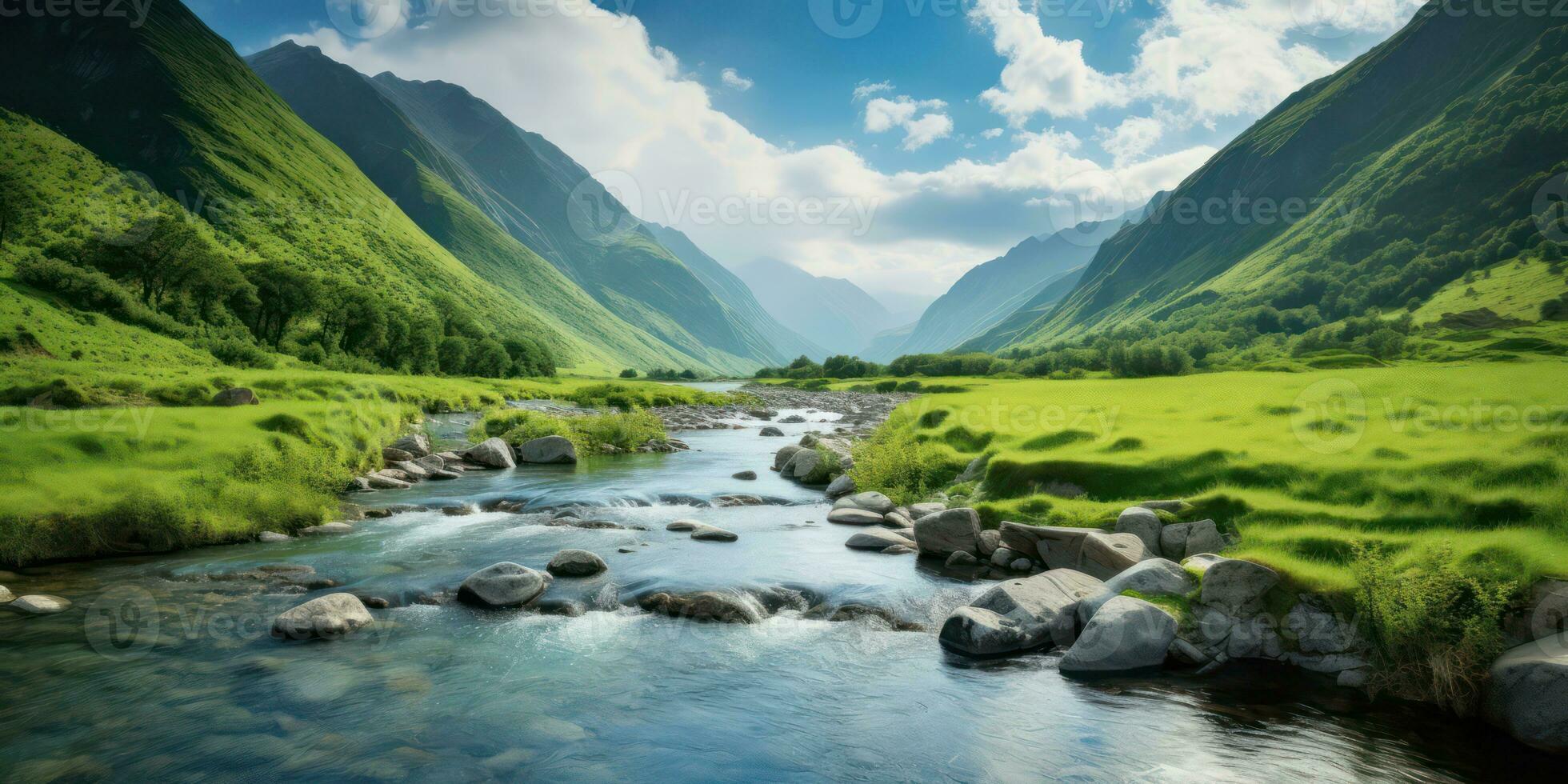 ai genererad flodens väg genom frodig grön berg landskap foto