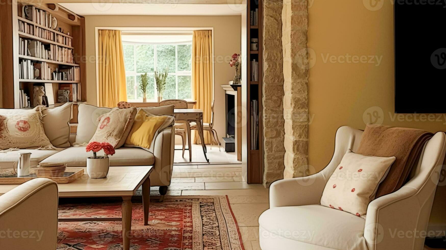 gul stuga Sammanträde rum, levande rum interiör design och Land hus Hem dekor, soffa och vardagsrum möbel, engelsk landsbygden stil foto