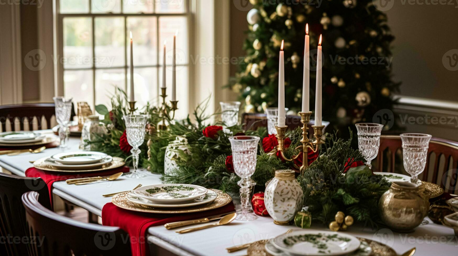 ai genererad jul på de herrgård, Semester bordsbild och middag tabell miljö, engelsk landsbygden dekoration och interiör dekor foto