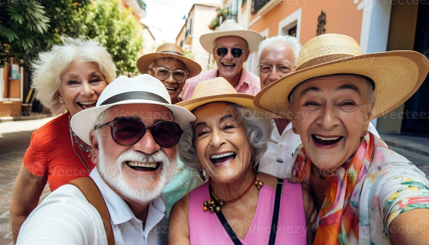 ai genererad grupp av senior tar selfie på semester foto