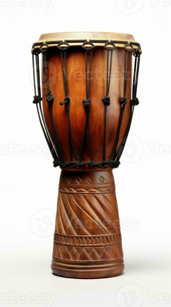 ai genererad djembe trumma på en vit bakgrund. traditionell percussion musikalisk instrument av afrikansk kultur. lämplig för musikalisk design, artikel, blogg, social media posta, album omslag, affisch foto