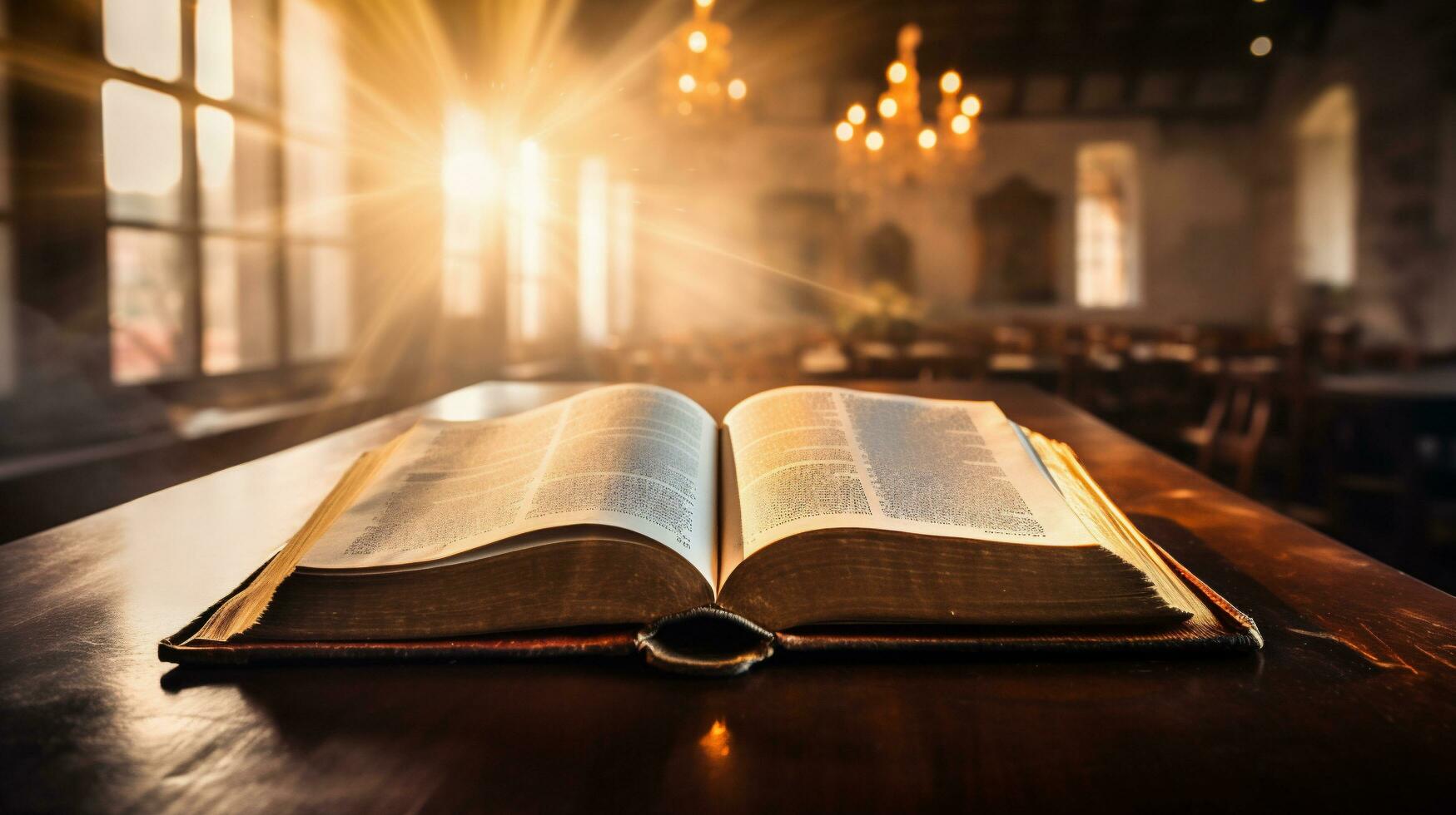 ai genererad öppen helig bibel på trä- tabell i kyrka interiör. kristen begrepp. foto
