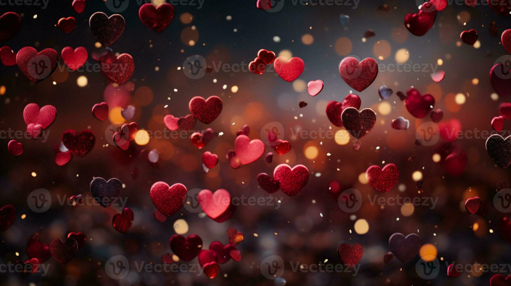 ai genererad hjärtans dag bakgrund med röd hjärtan på bokeh bakgrund foto
