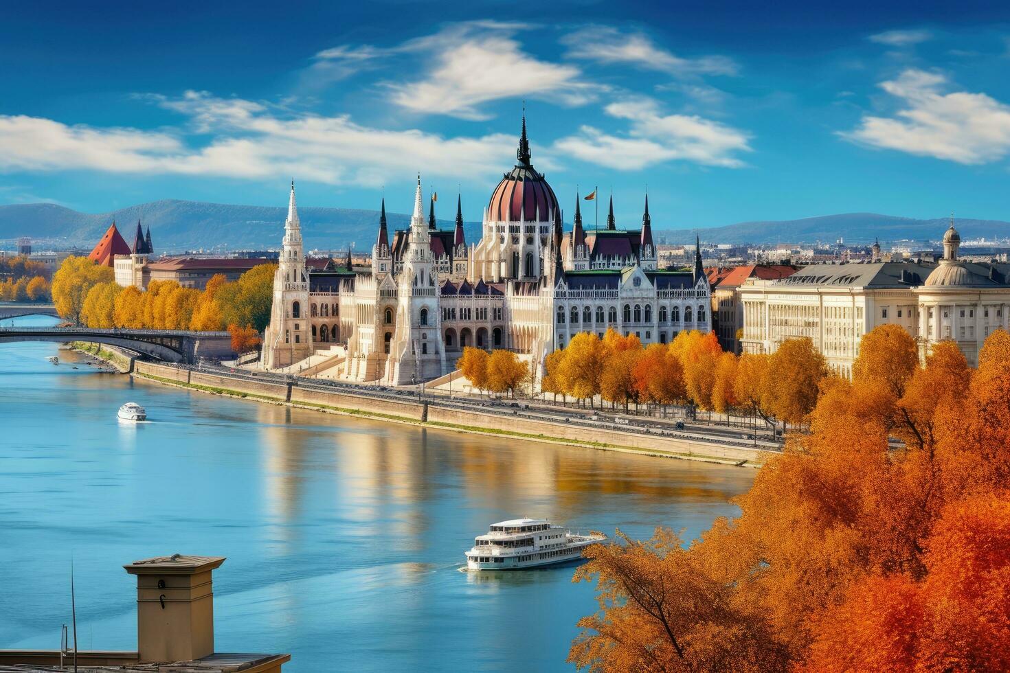 ai genererad parlament byggnad och Donau flod i budapest, ungern i höst, budapest med kedja bro och parlament, Ungern, ai genererad foto