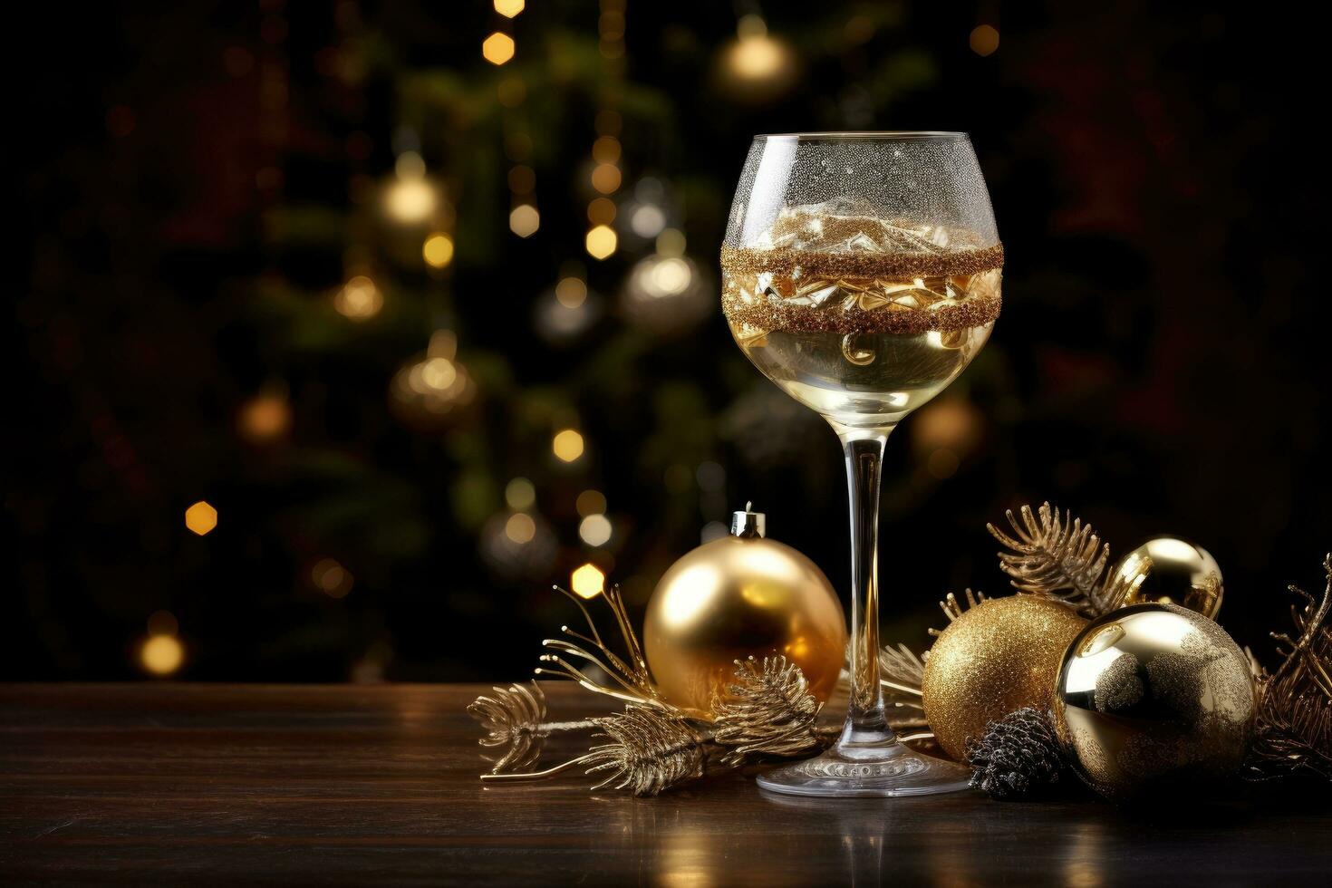 ai genererad glasögon av champagne och jul dekorationer på trä- tabell över blå bokeh bakgrund, champagne glas Utsmyckad med jul grannlåt, ai genererad foto