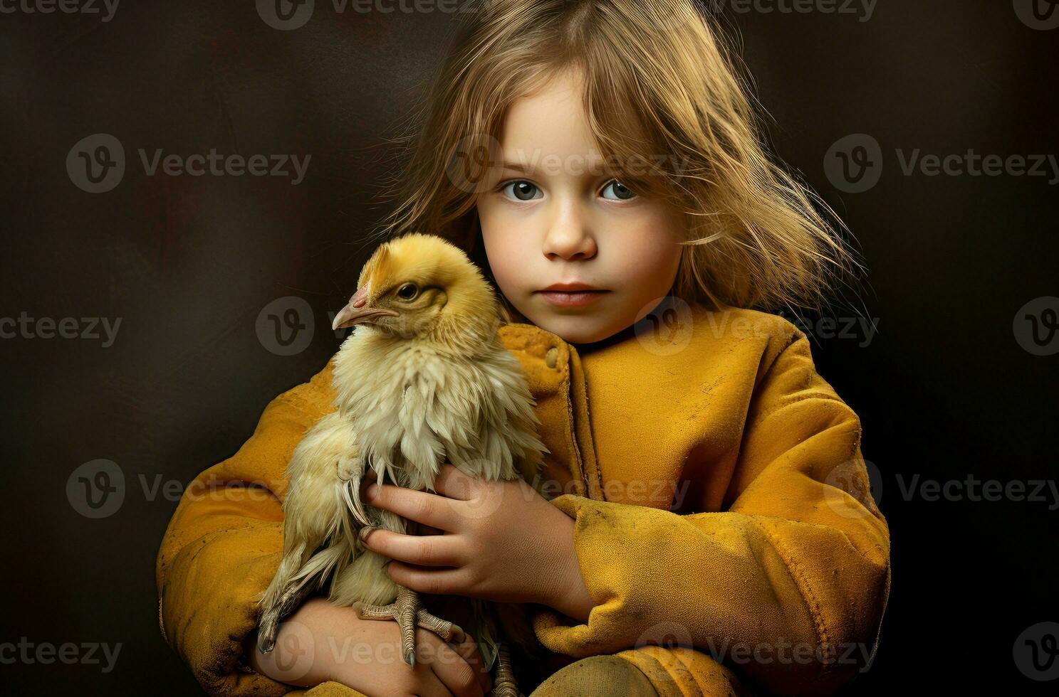 ai genererad nyfiken liten flicka med kyckling. generera ai foto