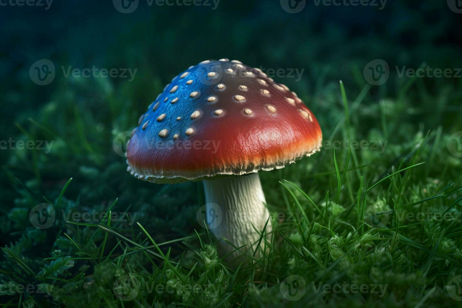 ai genererad svamp flyga agaric 3d stil på grön gräs. generera ai foto