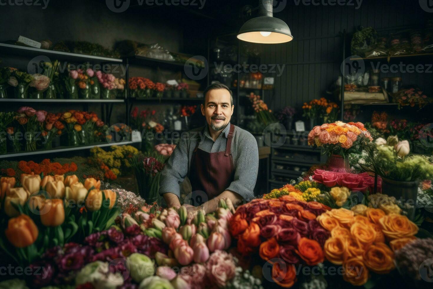 ai genererad blomsterhandlare man i blommig affär. generera ai foto