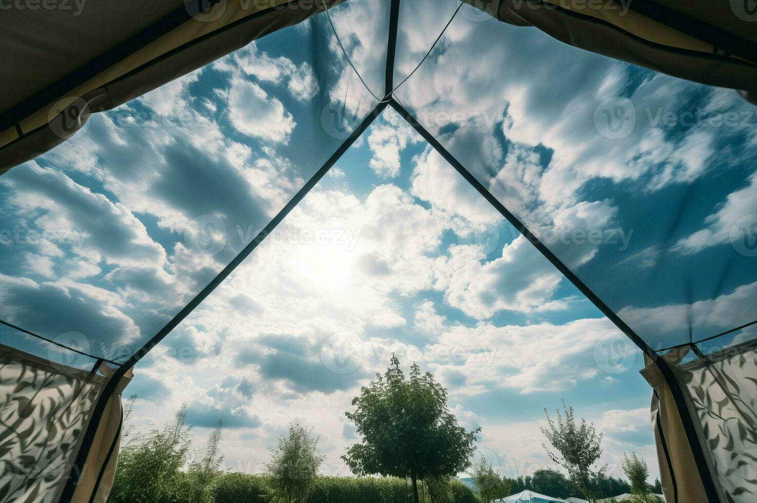 ai genererad trädgård tält se blå himmel med vit moln. generera ai foto