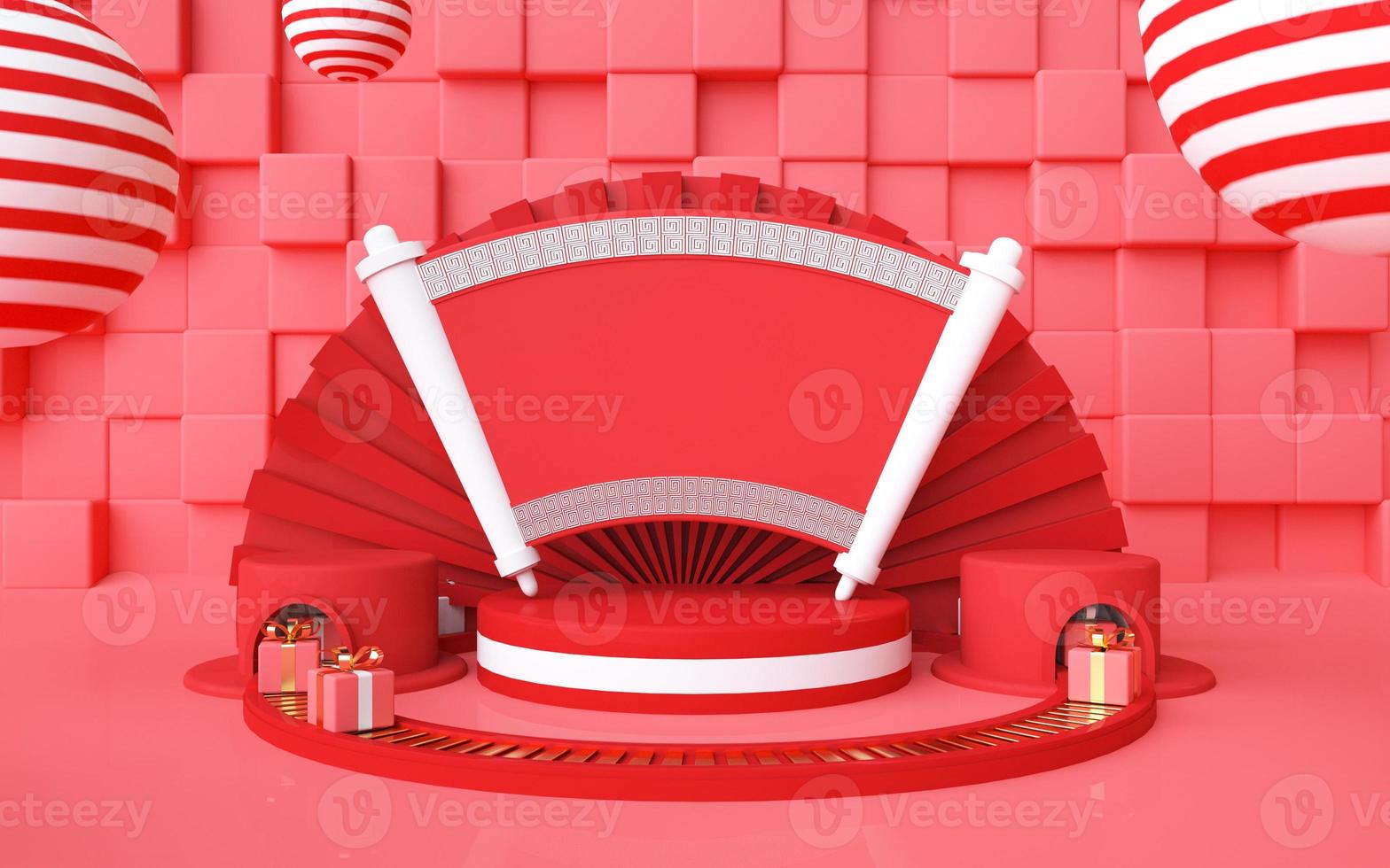 3D -rendering av lyxig geometrisk form röd bakgrund med ett podium för produktställ foto