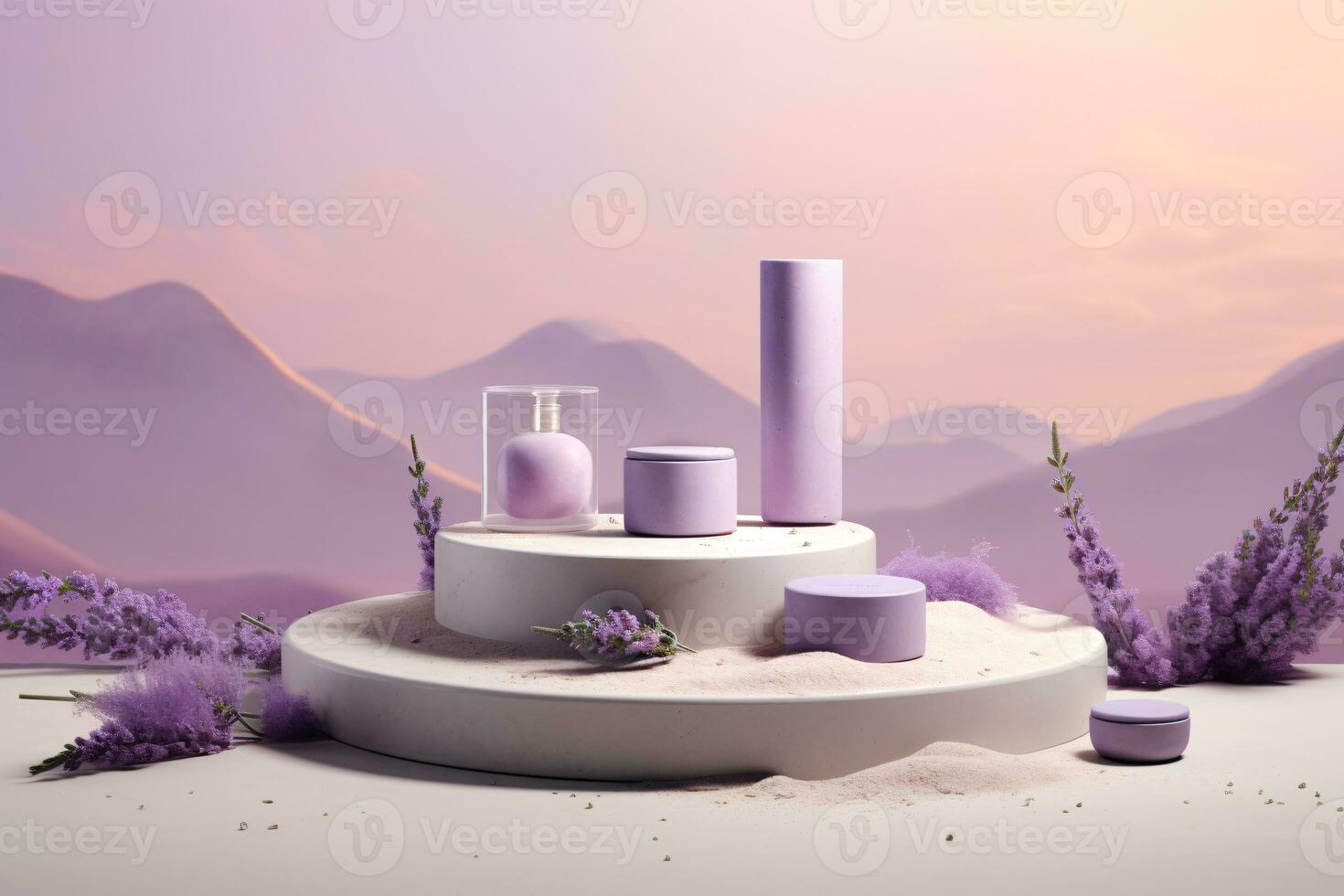 ai genererad kosmetika och hud vård Produkter presentation scen med lavendel- blommor och pimpsten sten podium, 3d framställa, natur skönhet begrepp. generativ ai foto