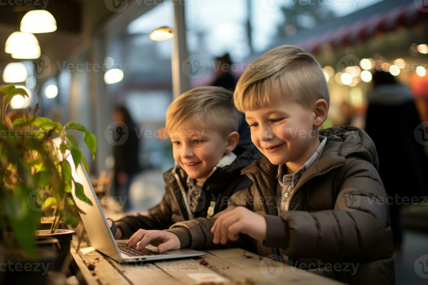 ai genererad barn använder sig av bärbara datorer lyckligt tittar på ett animering tillsammans, pedagogisk Foto