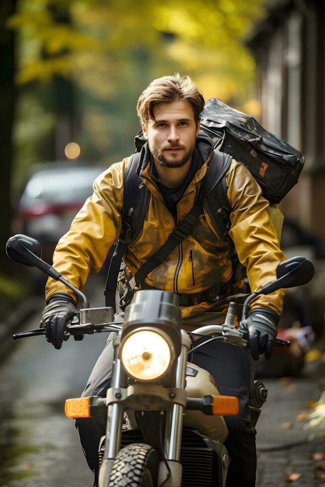 ai genererad caucasian ung leverans man ridning motorcykel leverera mat i de stad. ai genererad foto