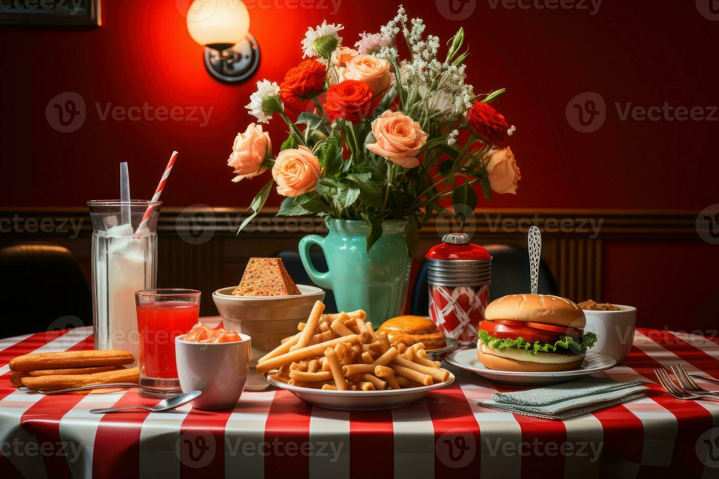 ai genererad nostalgisk diner blommor blomstrande på en retro tabell, engagemang, bröllop och årsdag bild foto