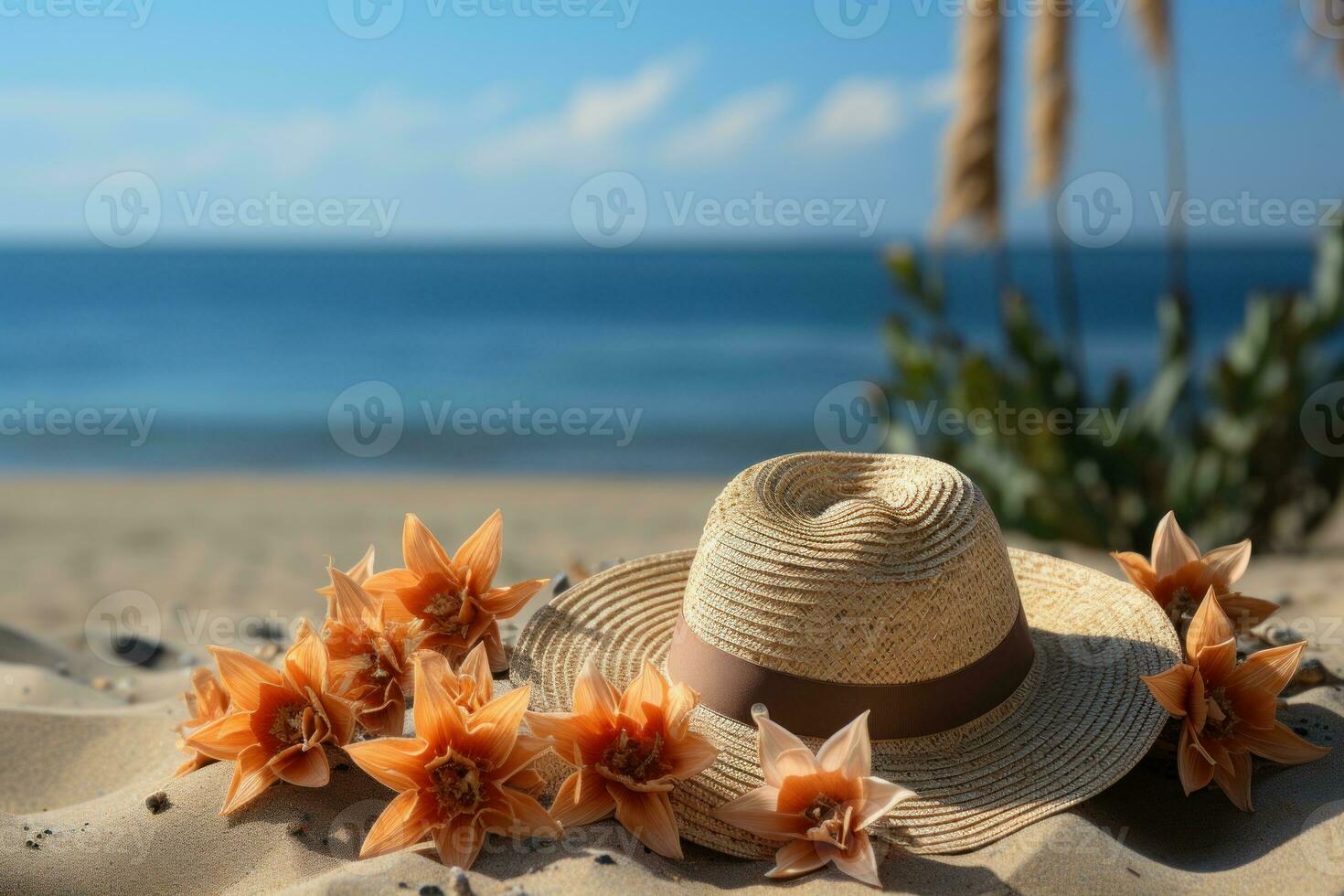 ai genererad tropisk hatt flip flops sjöstjärna och stjärnfrukt glädje, sommar säsong natur bild foto