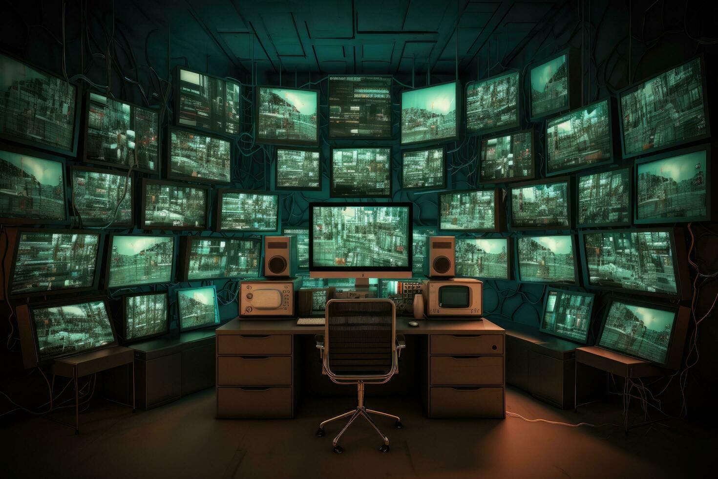 ai genererad dator rum med en massa av monitorer på de vägg. 3d tolkning, dator monitorer i en rum med många skärmar och monitorer på de vägg, ai genererad foto