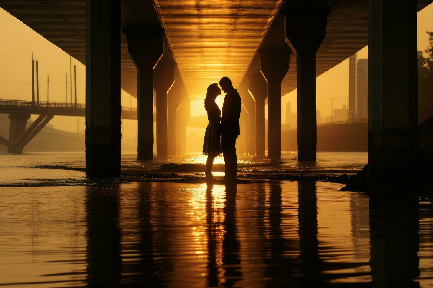 ai genererad silhuett av en kärleksfull par kissing under de bro i de kväll, en pars reflexion på de vatten yta under en bro på gyllene timme, ai genererad foto
