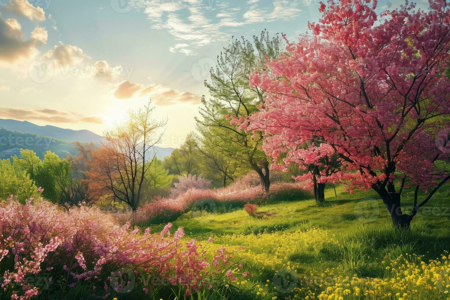 ai genererad skön vår landskap med blomning blommor och träd foto