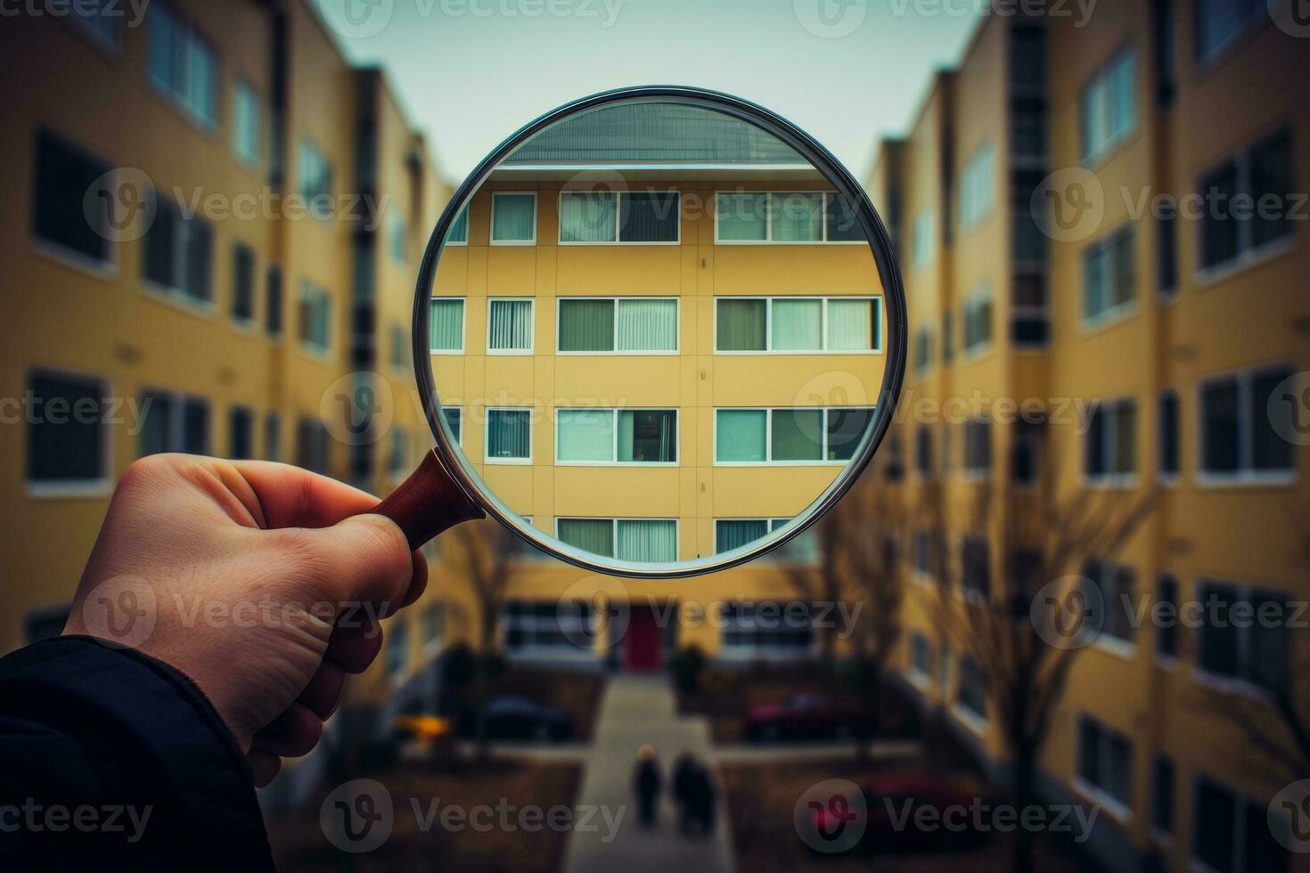 ai genererad sökande lägenhet i bostads- byggnad för inköp foto