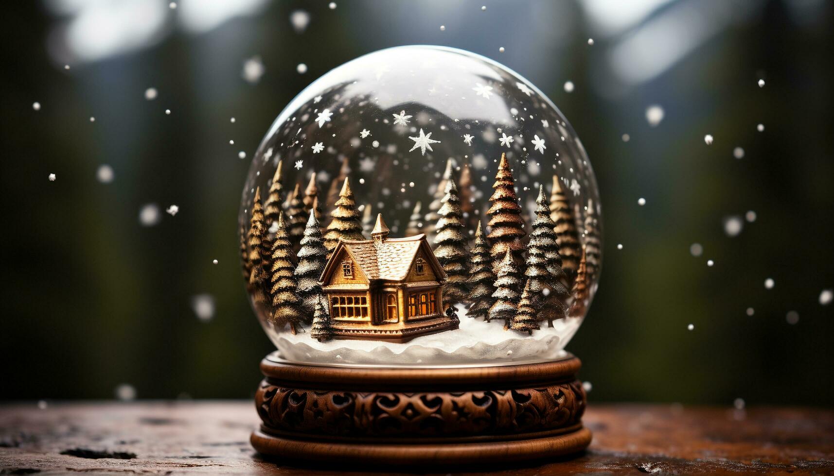 ai genererad snö täckt vinter- trä, snöflinga dekoration på tabell, natur jul genererad förbi ai foto