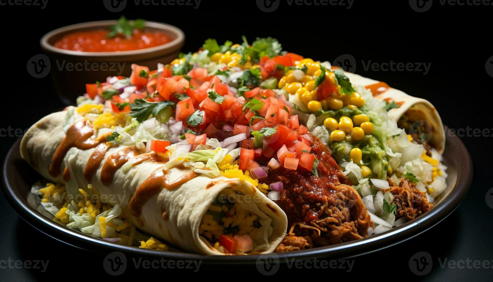 ai genererad gourmet mexikansk måltid nötkött taco, guacamole, tomat, Koriander, tortilla genererad förbi ai foto