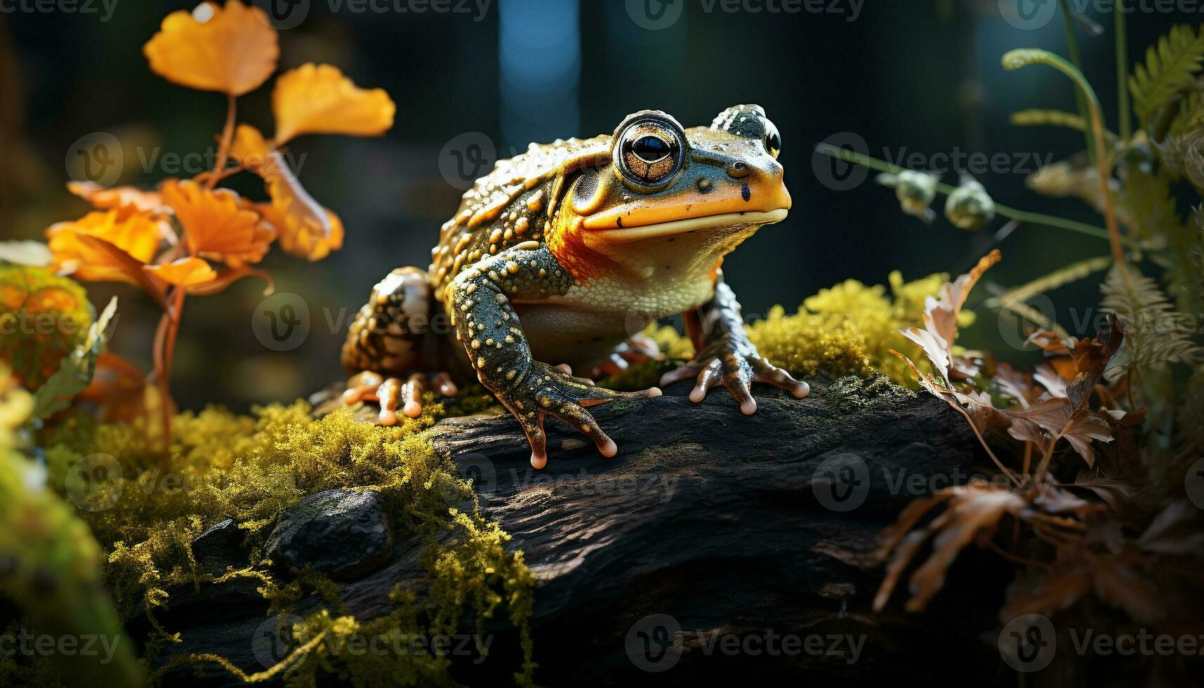 ai genererad söt padda Sammanträde på våt blad, tittar på tropisk regnskog genererad förbi ai foto