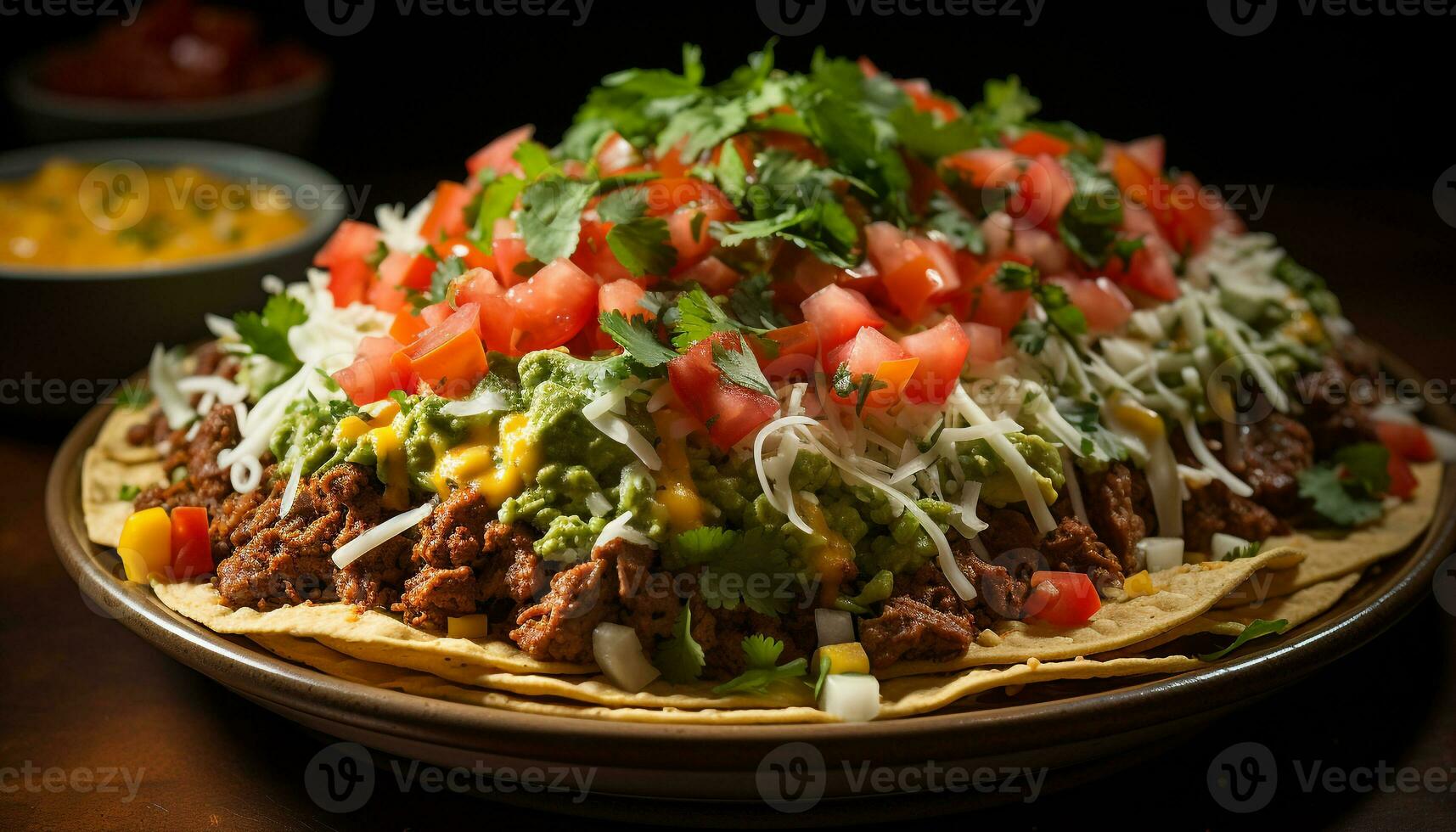 ai genererad friskhet på en tallrik taco, guacamole, nötkött, tomat, Koriander, tortilla genererad förbi ai foto